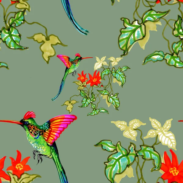 Akvarel Ručně Tažené Bezešvé Vzor Bílými Květy Barevné Ptáky — Stock fotografie