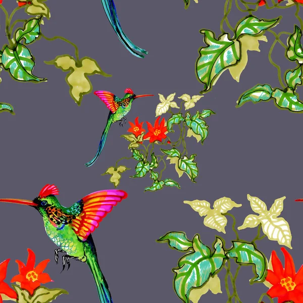 Suluboya el çekilmiş Dikişsiz desen beyaz çiçekler ve renkli kuşlar 