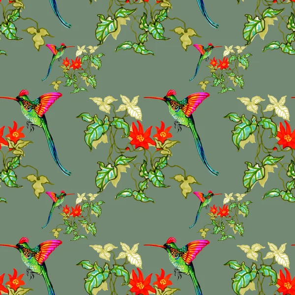 Aquarel Hand Getekende Naadloze Patroon Met Witte Bloemen Kleurrijke Vogels — Stockfoto