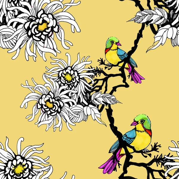 Suluboya el çekilmiş seamless modeli güzel renkli çiçekler ve kuşlar