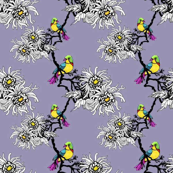 Watercolor hand drawn seamless pattern with beautiful colorful flowers and birds