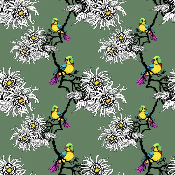 Suluboya el çekilmiş seamless modeli güzel renkli çiçekler ve kuşlar