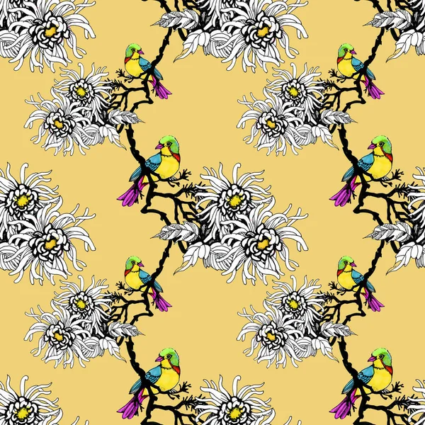 Watercolor Hand Drawn Seamless Pattern Beautiful Colorful Flowers Birds — Stock Photo, Image