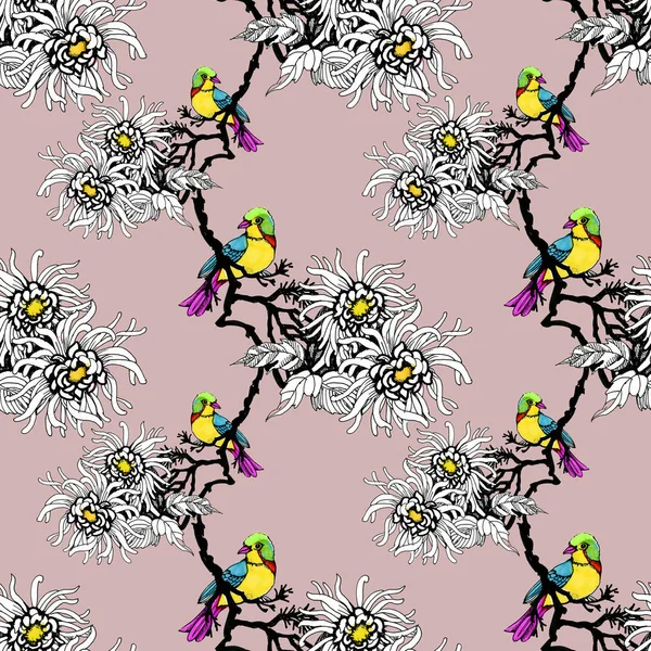 Watercolor Hand Drawn Seamless Pattern Beautiful Colorful Flowers Birds — Stock Photo, Image