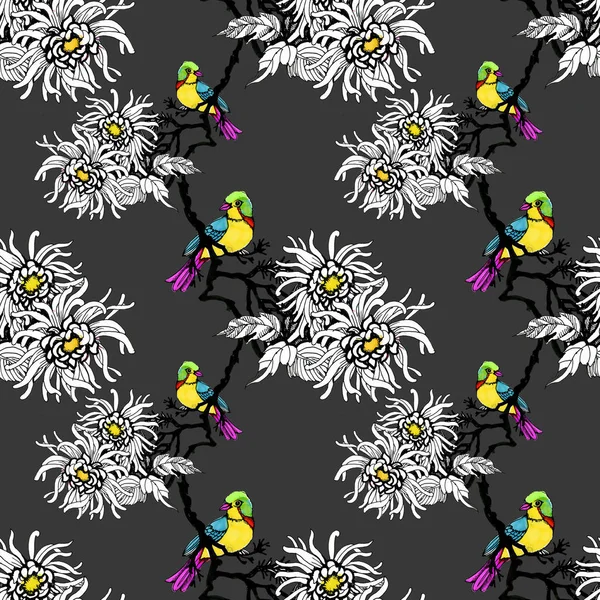 Watercolor Hand Drawn Seamless Pattern Beautiful Colorful Flowers Birds — Stock Photo, Image