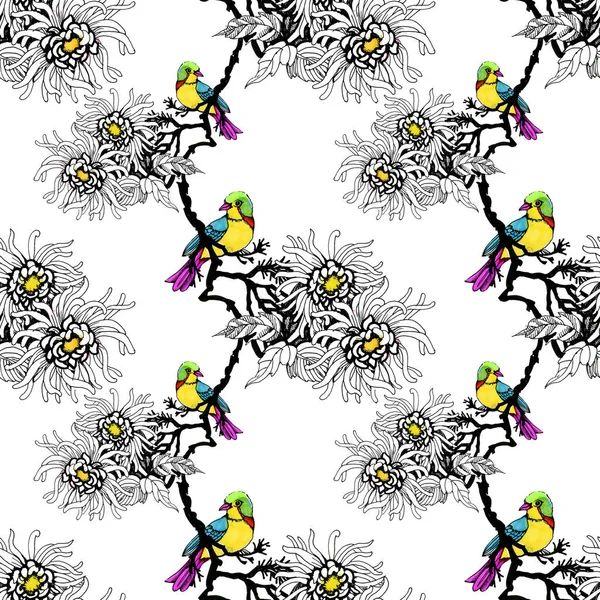 Aquarel Hand Getekende Naadloze Patroon Met Prachtige Kleurrijke Bloemen Vogels — Stockfoto
