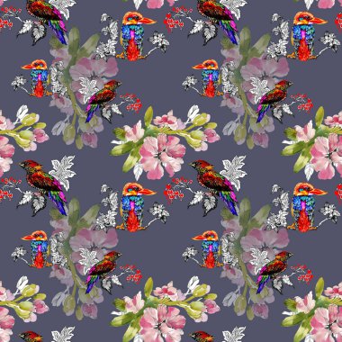 parlak renkli kuşlar ve çiçekler arka plan 