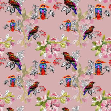 parlak renkli kuşlar ve çiçekler arka plan 