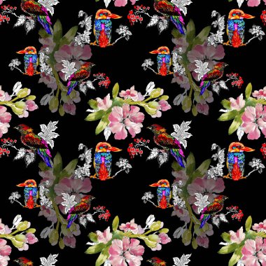 parlak renkli kuşlar ve çiçekler arka plan 