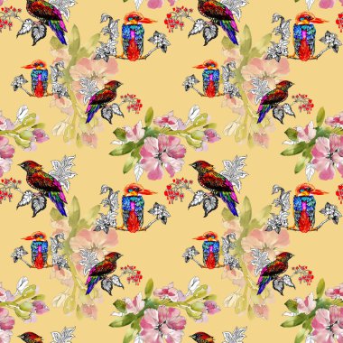 parlak renkli kuşlar ve çiçekler arka plan 