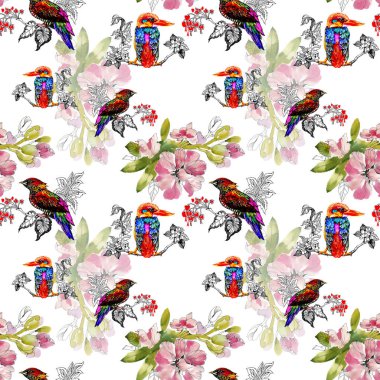 parlak renkli kuşlar ve çiçekler arka plan 