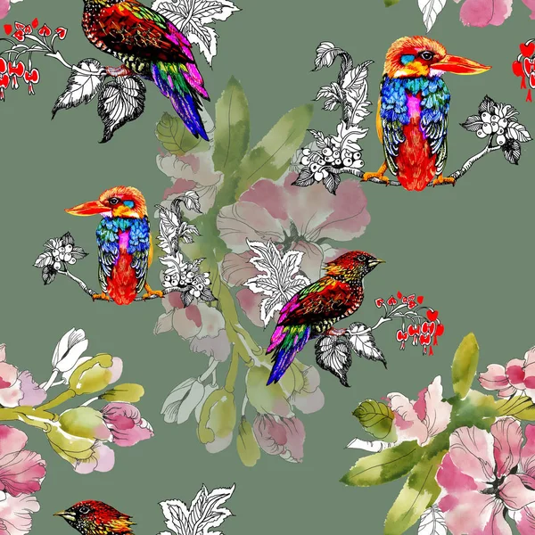 Bright Colorful Birds Flowers Background — Stock Photo, Image