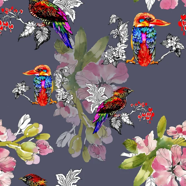 Bright Colorful Birds Flowers Background — Stock Photo, Image