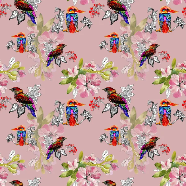 Jasne Kolorowe Tło Ptaki Kwiaty — Zdjęcie stockowe
