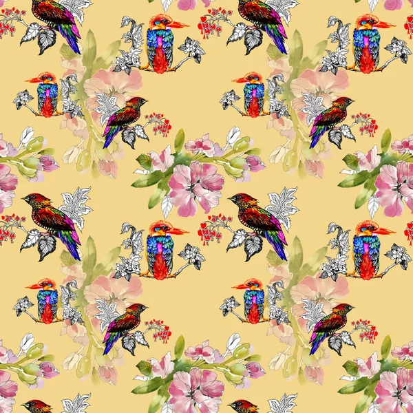 Bright Colorful Birds Flowers Background — Stock Photo, Image