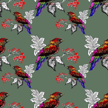 Çiçekler seamless modeli yeşil zemin üzerine suluboya vahşi egzotik kuşlar