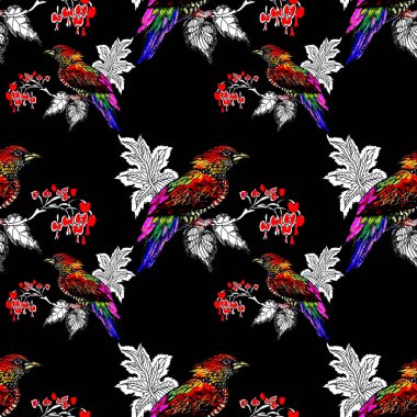 Çiçekler seamless modeli yeşil zemin üzerine suluboya vahşi egzotik kuşlar