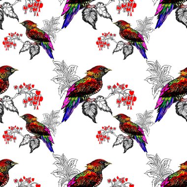 Çiçekler seamless modeli yeşil zemin üzerine suluboya vahşi egzotik kuşlar