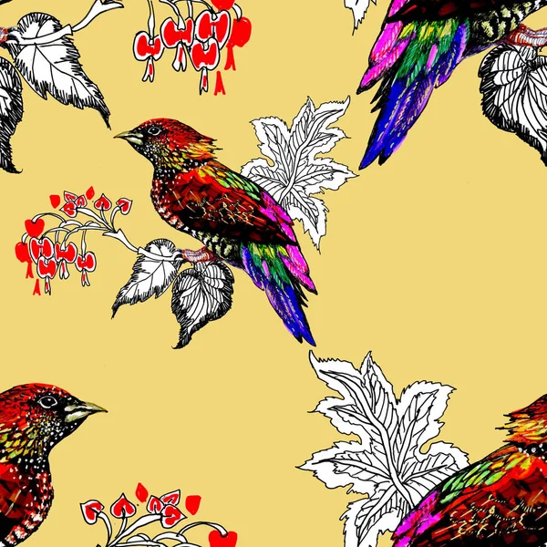 Aquarell Wilde Exotische Vögel Auf Blumen Nahtloses Muster Auf Grünem — Stockfoto