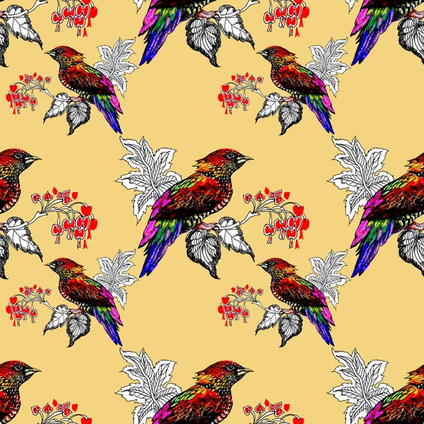 Watercolor Wild Exotic Birds Flowers Seamless Pattern Green Background — Stock Photo, Image