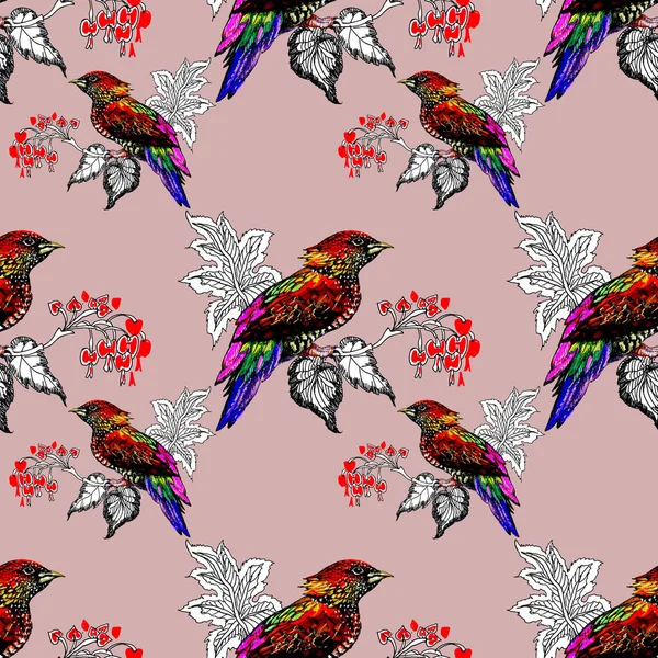 Watercolor Wild Exotic Birds Flowers Seamless Pattern Green Background — Stock Photo, Image