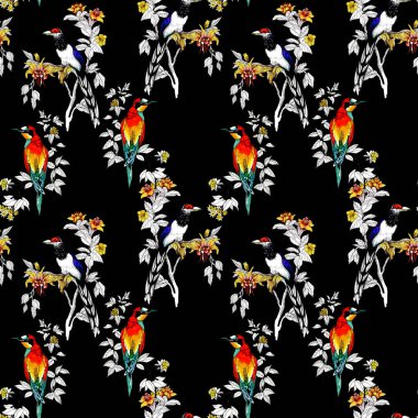 Sulu Boya vahşi egzotik kuşlar çiçekler seamless modeli üzerinde