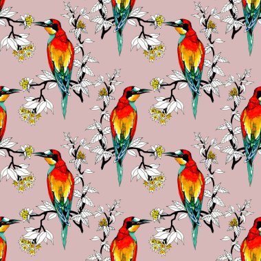 Sulu Boya vahşi egzotik kuşlar çiçekler seamless modeli üzerinde