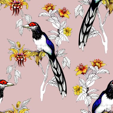Sulu Boya vahşi egzotik kuşlar çiçekler seamless modeli üzerinde