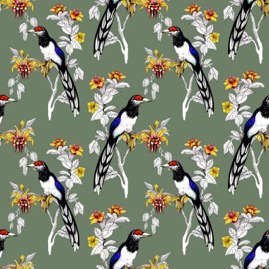 Sulu Boya vahşi egzotik kuşlar çiçekler seamless modeli üzerinde