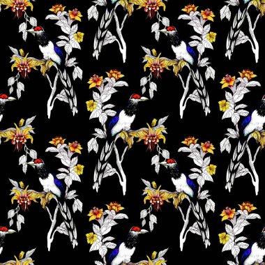 Sulu Boya vahşi egzotik kuşlar çiçekler seamless modeli üzerinde