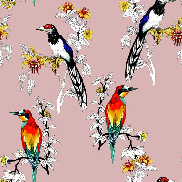 Akwarela Dzikich Ptaków Egzotycznych Wzór Kwiaty — Zdjęcie stockowe