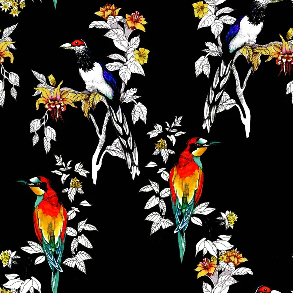 花のシームレスなパターンでの水彩のエキゾチックな野鳥 — ストック写真