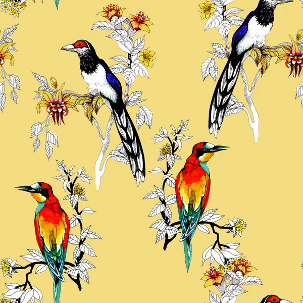 Watercolor Wild Exotic Birds Flowers Seamless Pattern — Stock Photo, Image