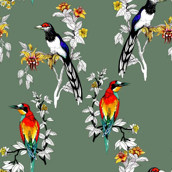 Watercolor Wild Exotic Birds Flowers Seamless Pattern — Stock Photo, Image