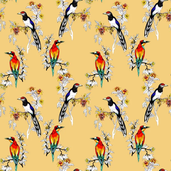 Watercolor Wild Exotic Birds Flowers Seamless Pattern — Stock Photo, Image