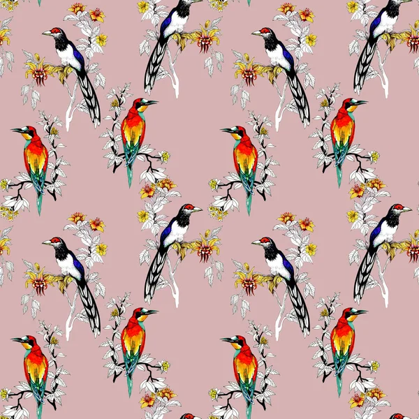 Watercolor Wild Exotic Birds Flowers Seamless Pattern — Stock Photo, Image