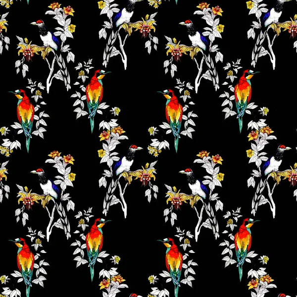 Watercolor Wild Exotic Birds Flowers Seamless Pattern — Stock Photo, Image