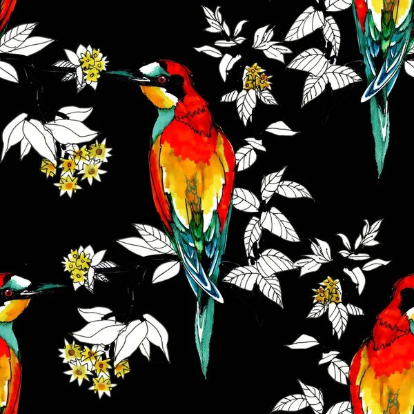 Acuarela Aves Exóticas Silvestres Flores Patrón Sin Costuras — Foto de Stock