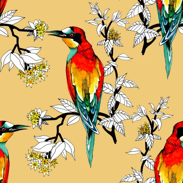 Acuarela Aves Exóticas Silvestres Flores Patrón Sin Costuras —  Fotos de Stock