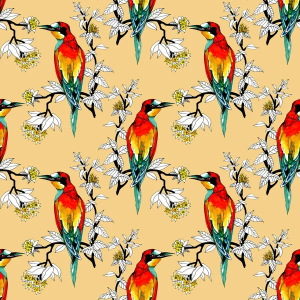 Watercolor Wild Exotic Birds Flowers Seamless Pattern — Stock Photo, Image