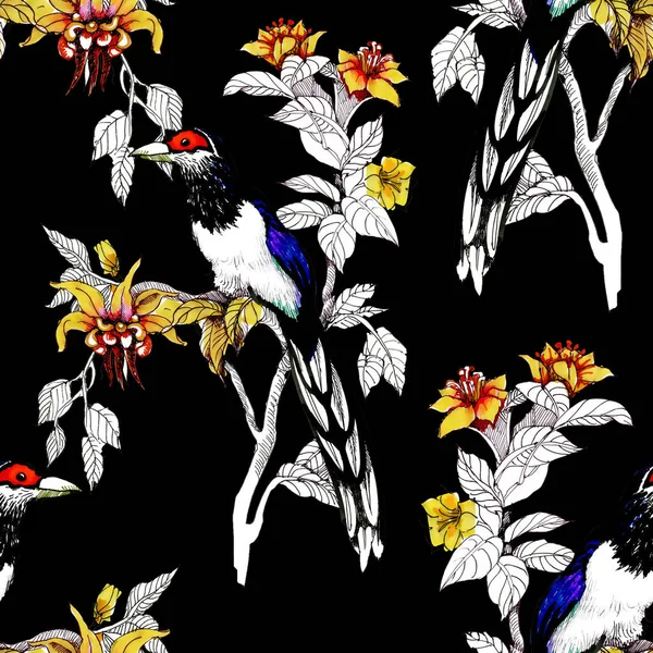 Akvarelu Divokých Exotických Ptáků Bezešvé Vzor Květiny — Stock fotografie