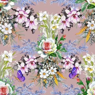 Sulu Boya Dikişsiz desen güzel güller ve çiçekler