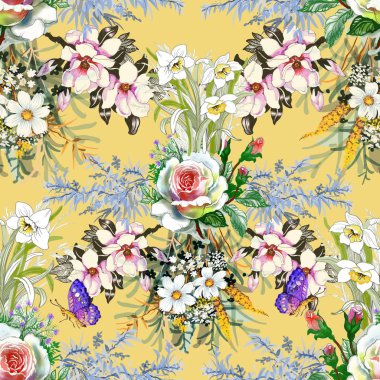 Sulu Boya Dikişsiz desen güzel güller ve çiçekler