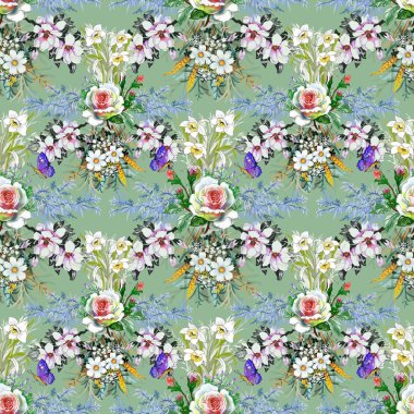 Sulu Boya Dikişsiz desen güzel güller ve çiçekler