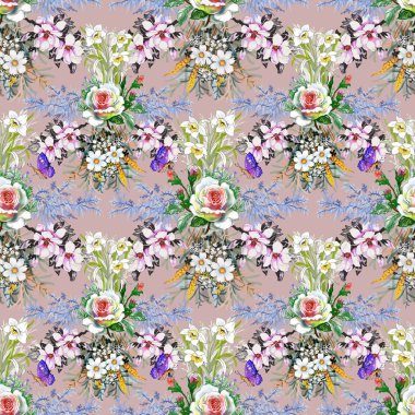 Sulu Boya Dikişsiz desen güzel güller ve çiçekler