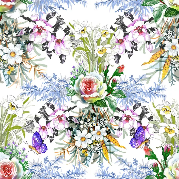 Watercolor Seamless Pattern Beautiful Roses Wildflowers — Stock Photo, Image