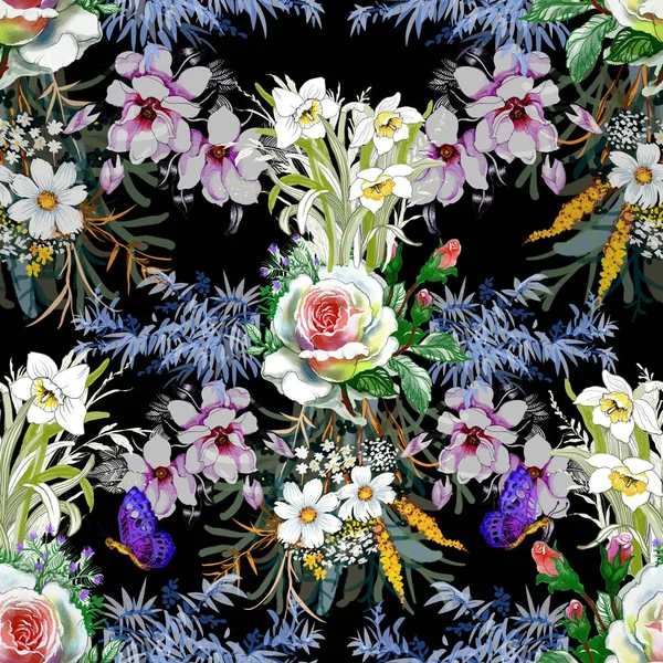 美しいバラと野の花水彩画のシームレス パターン — ストック写真