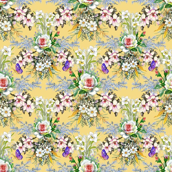 Watercolor Seamless Pattern Beautiful Roses Wildflowers — Stock Photo, Image