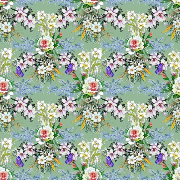 Watercolor Seamless Pattern Beautiful Roses Wildflowers — Stock Photo, Image