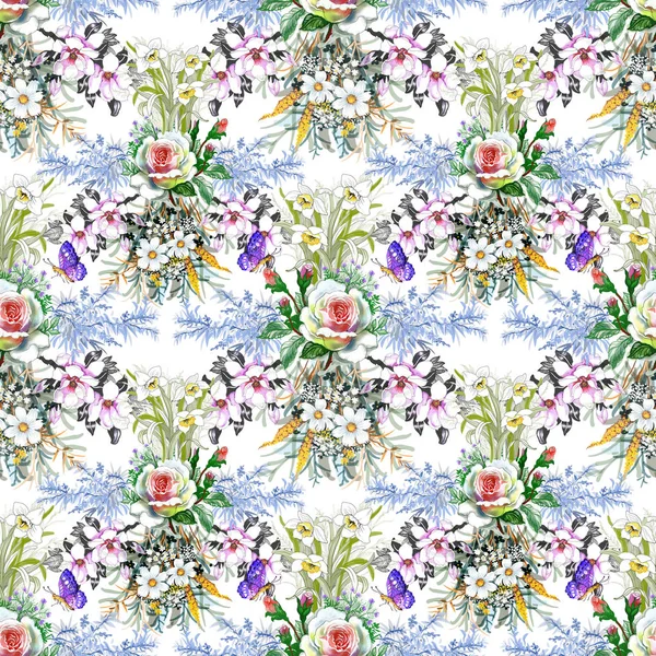 Watercolor Seamless Pattern Beautiful Roses Wildflowers — Stock Photo, Image